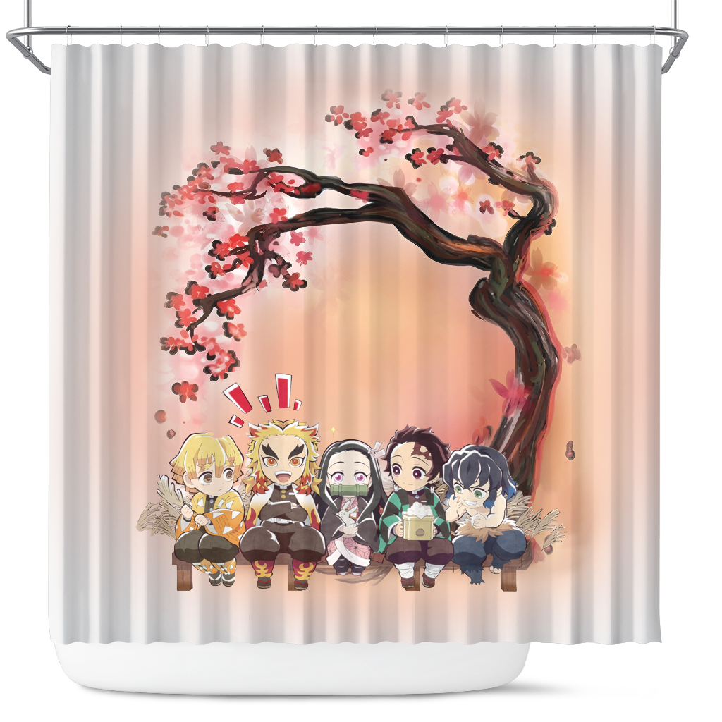 Demon Slayer Team Chibi Anime Cherry Blossom Japan Shower Curtain