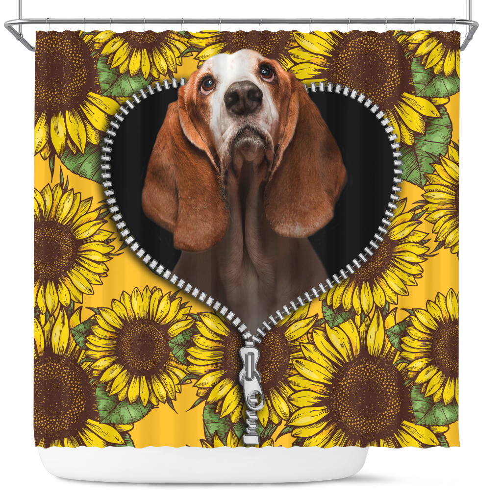 Basset Hound Sunflower Zipper Shower Curtain