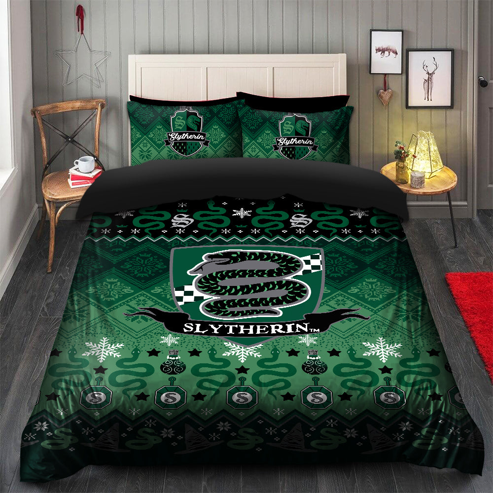 Harry Potter Slytherin Green Christmas Bedding Set Duvet Cover And 2 P