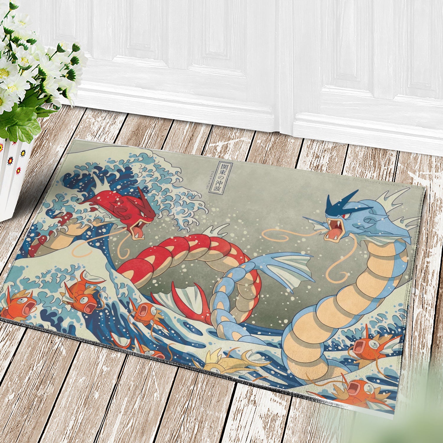 Red Vs Blue Gyarados Pokemon The Great Wave Japan Doormat Home Decor