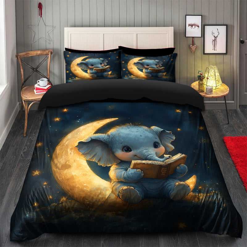 Baby Elephant Reading On A Crescent Moon Bedding Set Duvet Cover And 2 Pillowcases