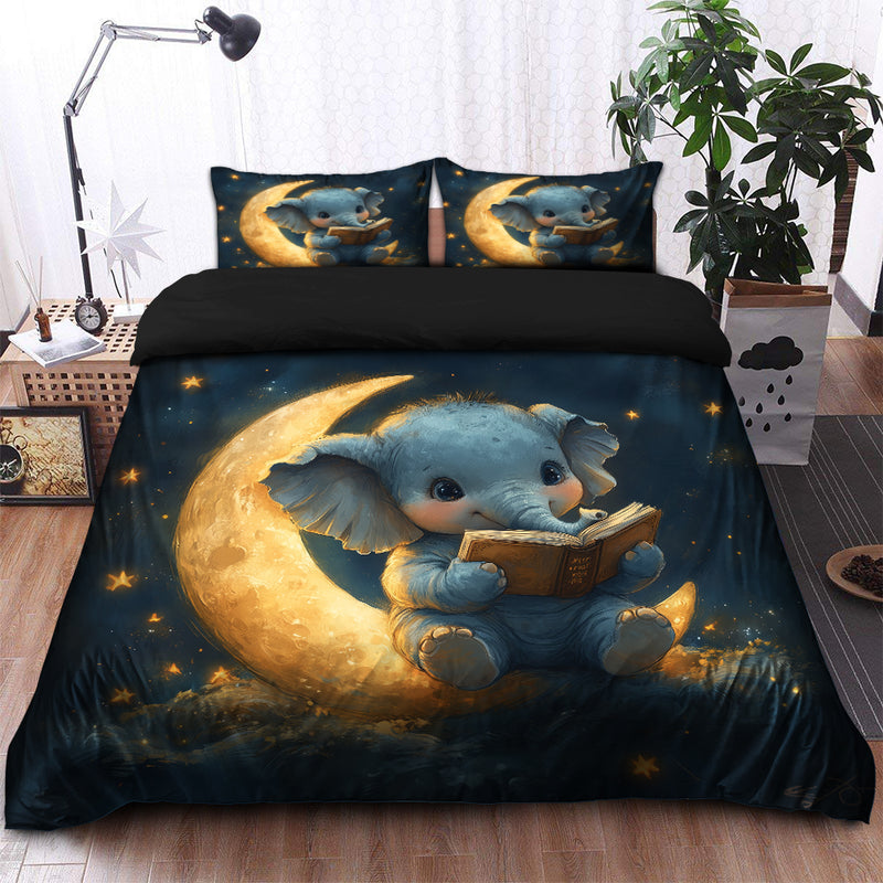 Baby Elephant Reading On A Crescent Moon Bedding Set Duvet Cover And 2 Pillowcases