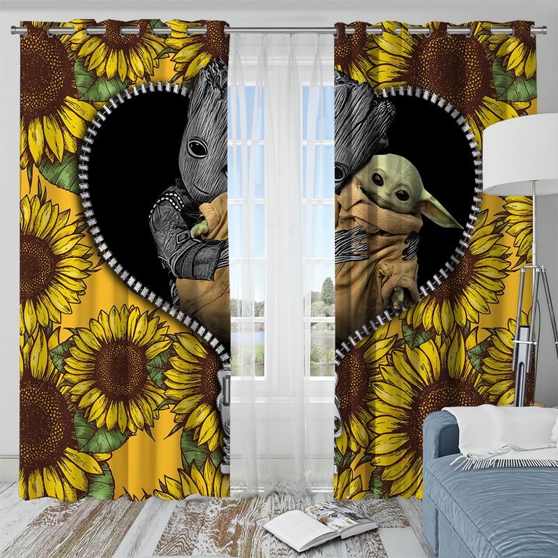 Baby Groot And Baby Yoda Sunflower Zipper Window Curtain