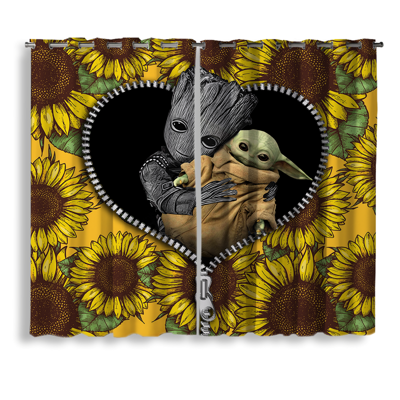 Baby Groot And Baby Yoda Sunflower Zipper Window Curtain