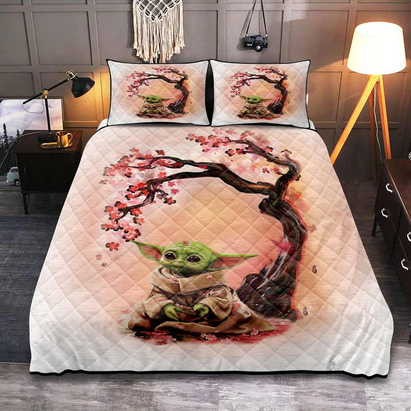 Baby Yoda Cherry Blossom Quilt Bed Sets