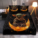 Baby Yoda Reading On A Crescent Moon Quilt Bed Sets