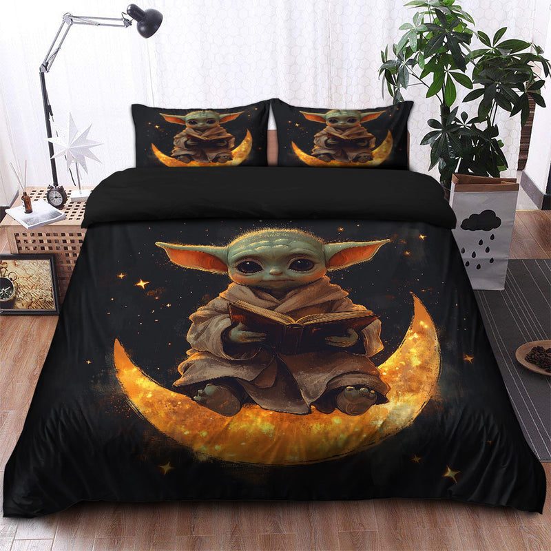 Baby Yoda Reading On A Crescent Moon Bedding Set Duvet Cover And 2 Pillowcases