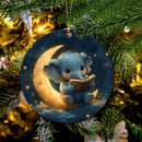 Baby Elephant Reading Moon Mica Circle Ornament