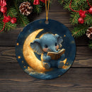 Baby Elephant Reading Moon Mica Circle Ornament
