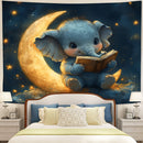 Baby Elephant Reading Moon Tapestry Room Decor