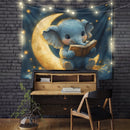 Baby Elephant Reading Moon Tapestry Room Decor