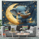 Baby Elephant Reading Moon Tapestry Room Decor