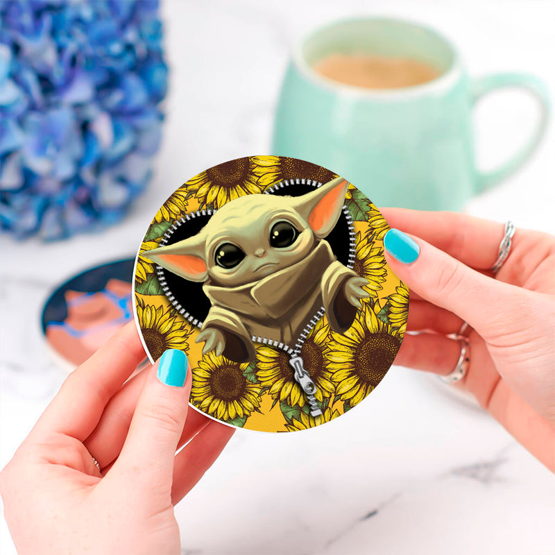 Baby Yoda Sunflower Zipper Ceramic Drink Coasters