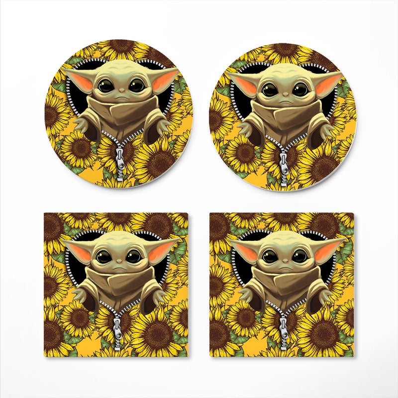 Baby Yoda Sunflower Zipper Ceramic Drink Coasters