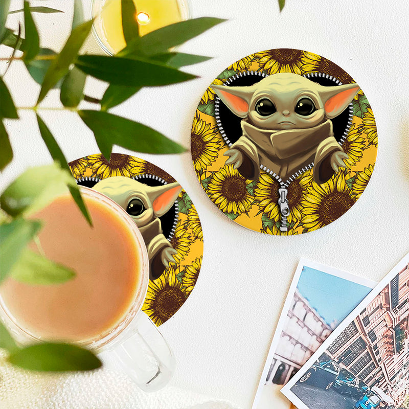 Baby Yoda Sunflower Zipper Ceramic Drink Coasters