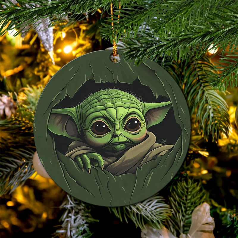 Baby Yoda Peeking Over Curtain Mica Circle Ornament Perfect Gift For Holiday
