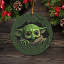 Baby Yoda Peeking Over Curtain Mica Circle Ornament
