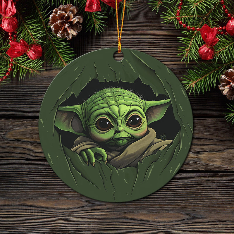 Baby Yoda Peeking Over Curtain Mica Circle Ornament Perfect Gift For Holiday