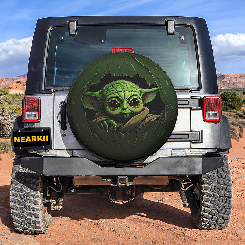 Baby Yoda Peeking Over Car Spare Tire Cover