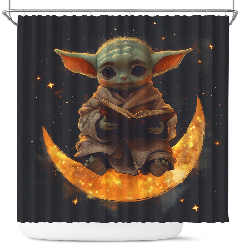 Baby Yoda Reading On A Crescent Moon Shower Curtain