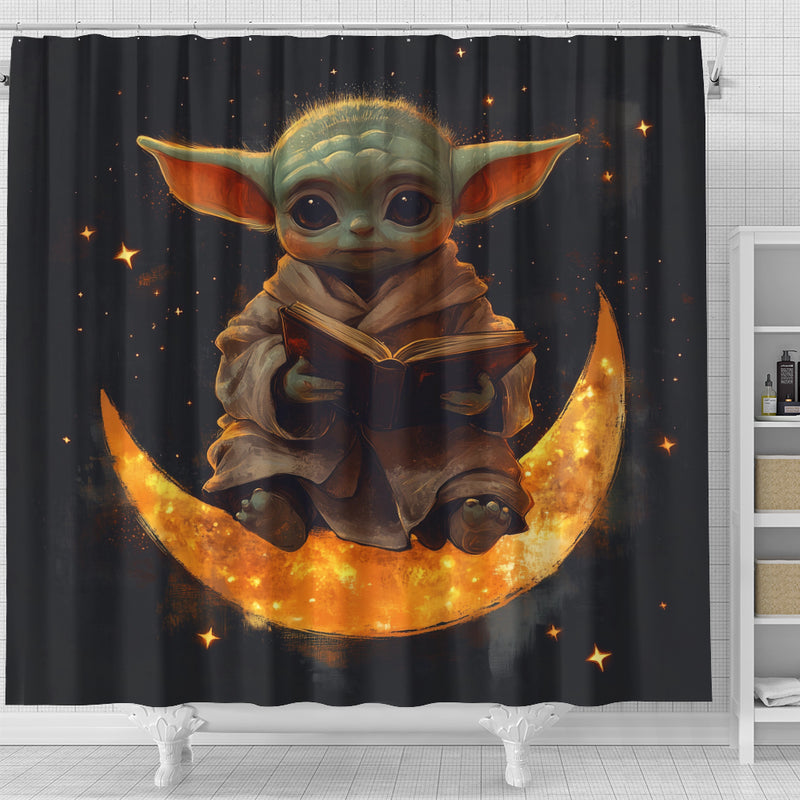 Baby Yoda Reading On A Crescent Moon Shower Curtain
