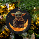 Baby Yoda Reading On A Crescent Moon Mica Circle Ornament