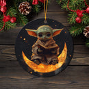 Baby Yoda Reading On A Crescent Moon Mica Circle Ornament