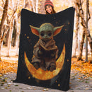 Baby Yoda Reading On A Crescent Moon Premium Blanket