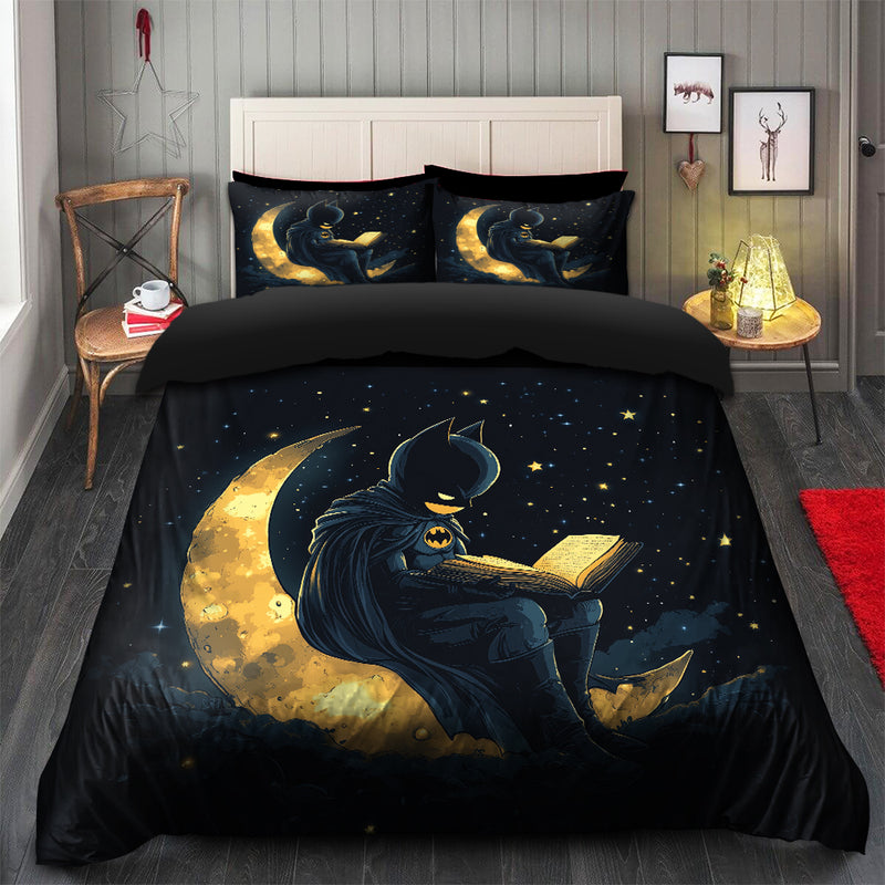 Batman Reading On A Crescent Moon Bedding Set Duvet Cover And 2 Pillowcases