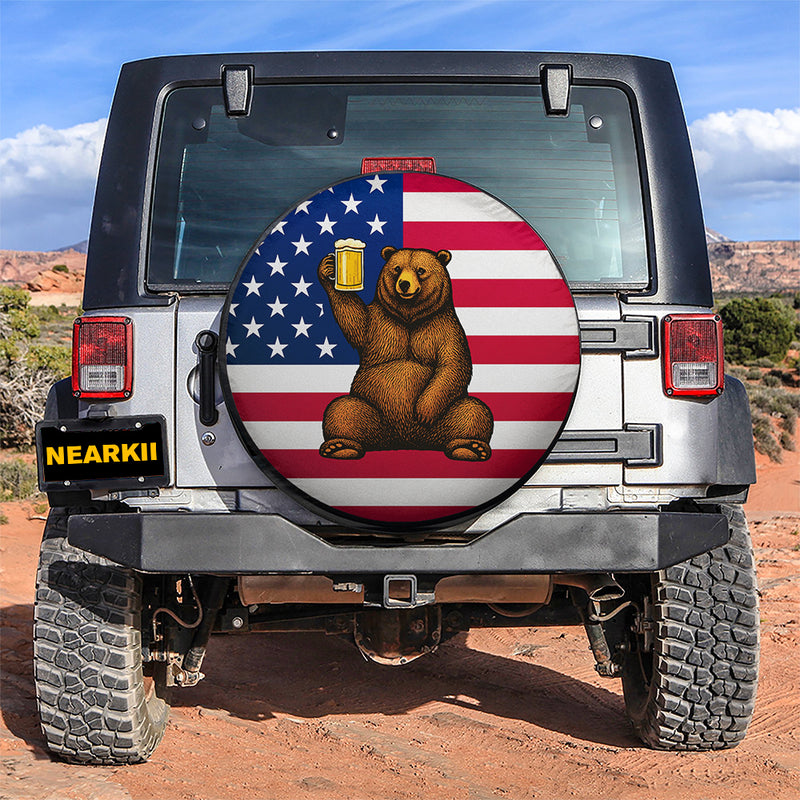 Beer Bear with American Flag Jeep Car Spare Tire Cover