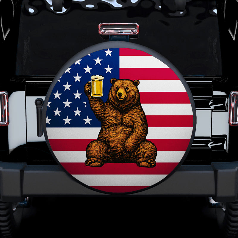 Beer Bear with American Flag Jeep Car Spare Tire Cover