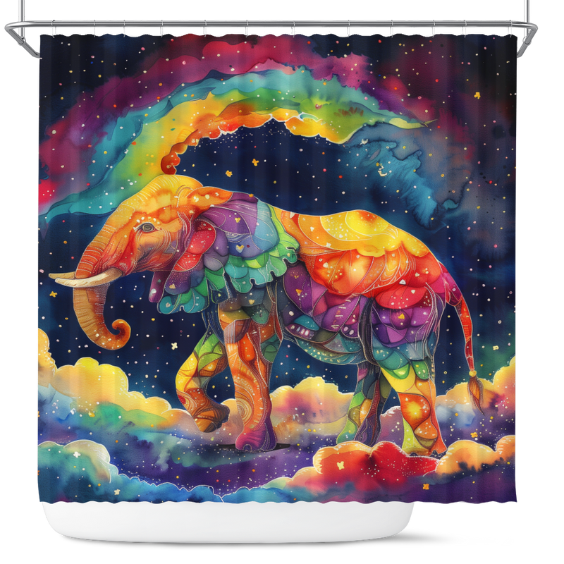 Beautiful Colorful Rainbow Cute Elephant  On A Dark Sky Shower Curtain