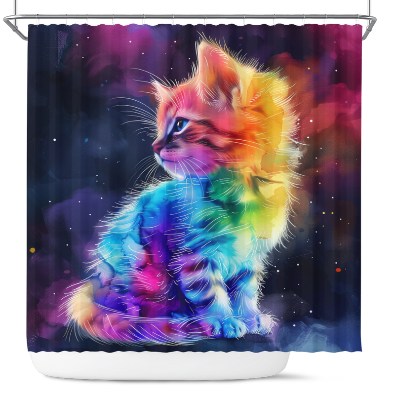 Beautiful Colorful Rainbow Cute Kitten On A Dark Sky Shower Curtain