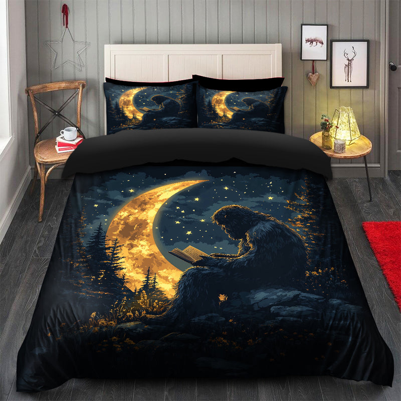 Bigfoot Reading On A Crescent Moon Bedding Set Duvet Cover And 2 Pillowcases