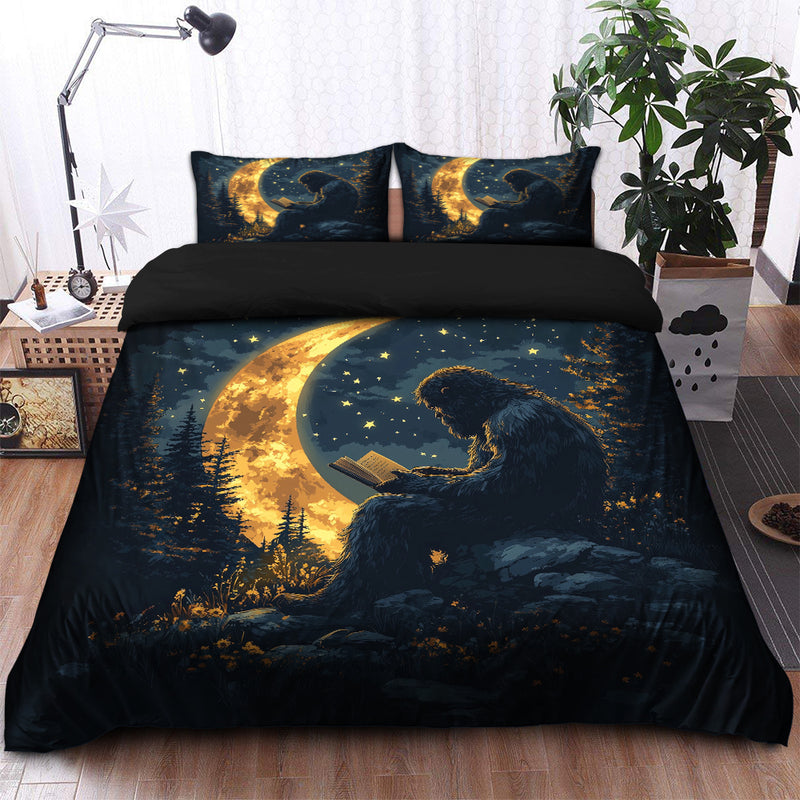 Bigfoot Reading On A Crescent Moon Bedding Set Duvet Cover And 2 Pillowcases