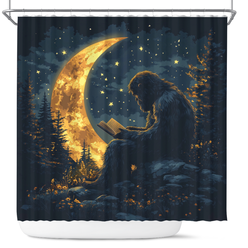 Bigfoot Reading On A Crescent Moon Shower Curtain