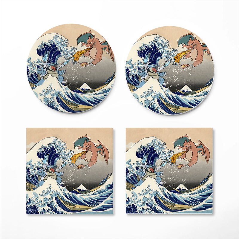 Blastoise Charizard Pokemon The Great Wave 2 Ceramic Drink Coasters