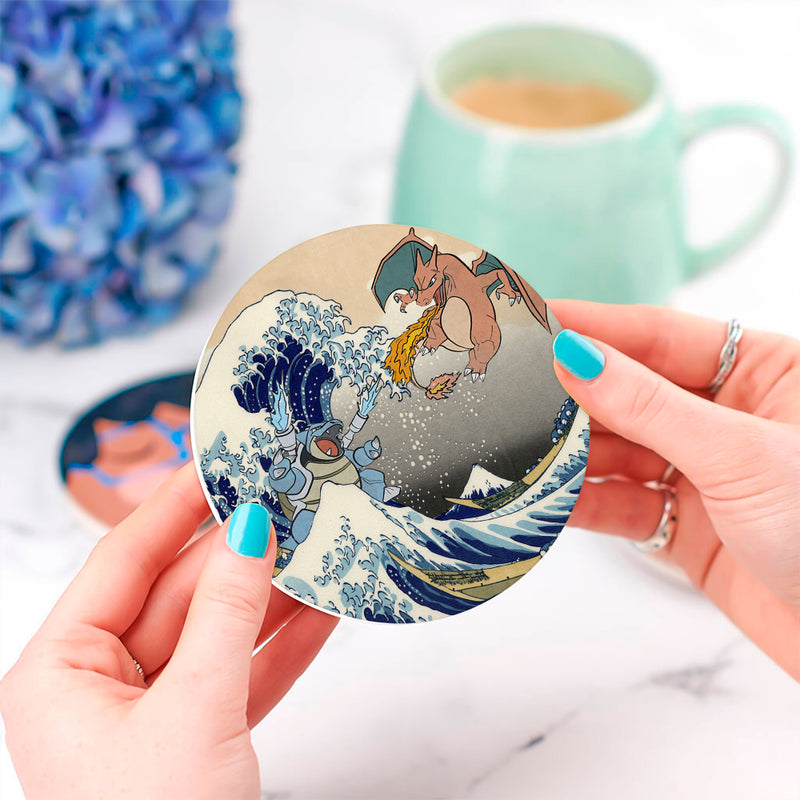 Blastoise Charizard Pokemon The Great Wave 2 Ceramic Drink Coasters