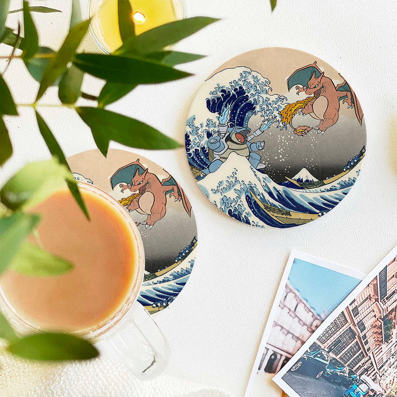 Blastoise Charizard Pokemon The Great Wave 2 Ceramic Drink Coasters