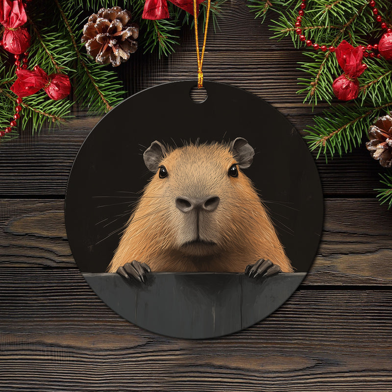 Capybara Peeking Over A Black Wall Mica Circle Ornament Perfect Gift For Holiday