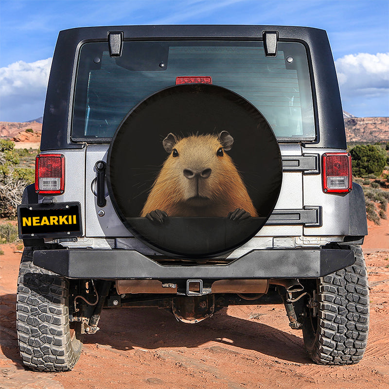 Capybara Peeking Over A Black Wall Car Spare Tire Cover