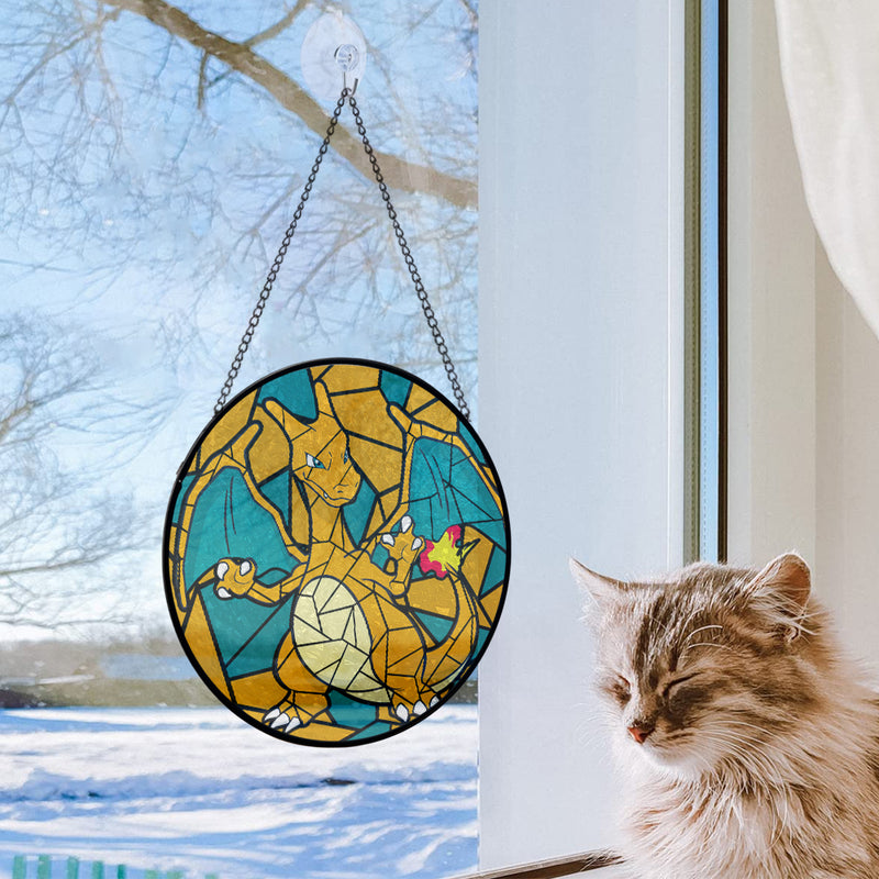 Charizard Pokemon Round Stained Glass Window Hanging Panel Suncatcher