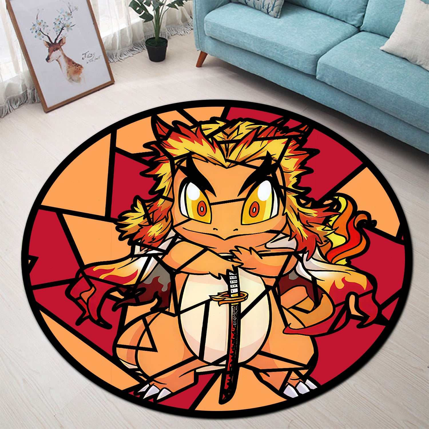 Demon Slayer Rengoku Rug Charmander Rengoku Pokemon Stained Glass Round Carpet Rug Bedroom Livi