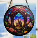 Castle Round Stained Glass Window Hanging Panel Suncatcher