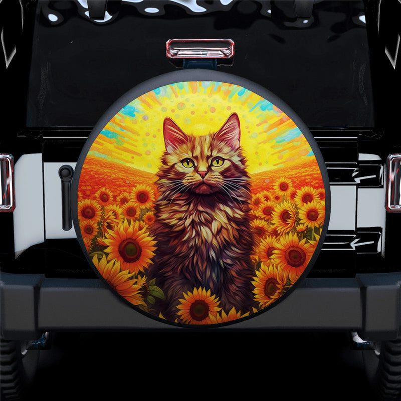 Rainbow Colored Cat Sunflower Car Spare Tire Cover
