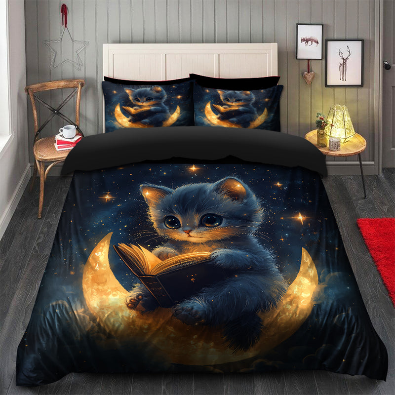 Cute Kitty Reading On A Crescent Moon Bedding Set Duvet Cover And 2 Pillowcases