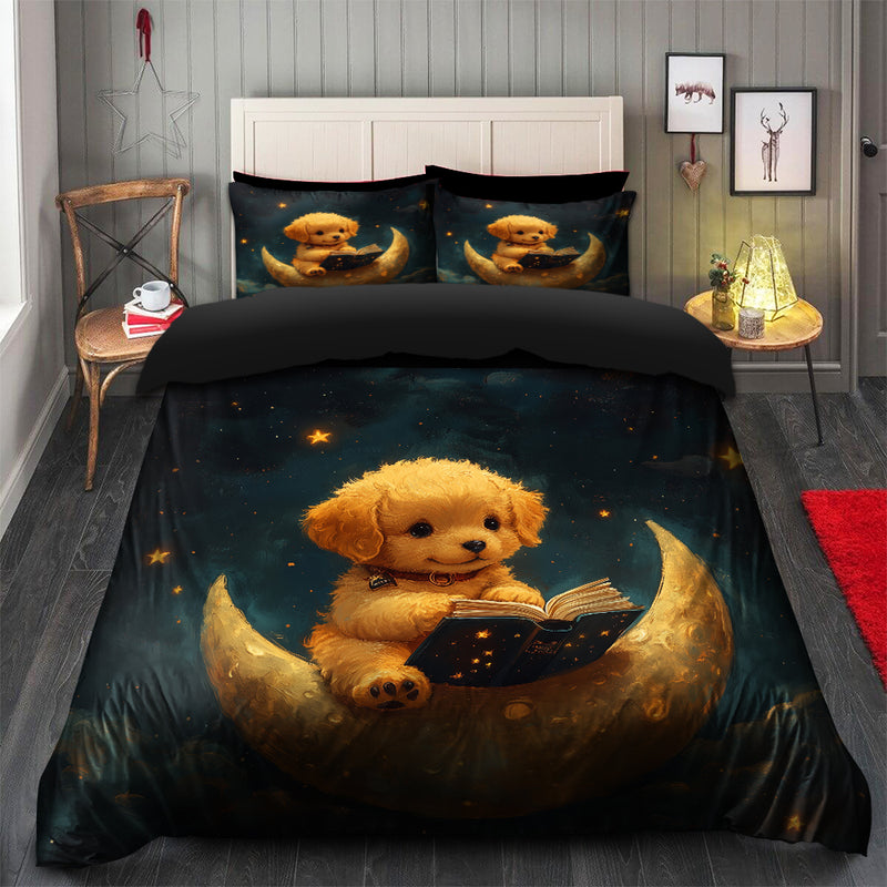 Cute Puppy Reading On A Crescent Moon Bedding Set Duvet Cover And 2 Pillowcases