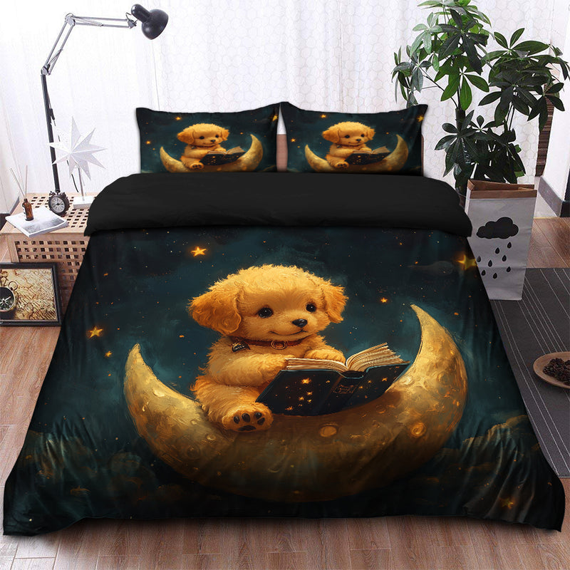 Cute Puppy Reading On A Crescent Moon Bedding Set Duvet Cover And 2 Pillowcases