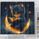 Cute Kitty Reading On A Crescent Moon Shower Curtain
