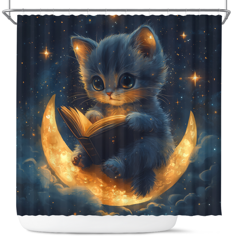 Cute Kitty Reading On A Crescent Moon Shower Curtain